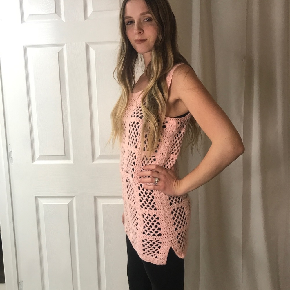 Vintage Pink Crocheted Sweater, Sweater Vest, Mini Dress, Grannycore Cottagecore - Picture 4 of 13